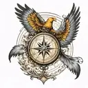 old Compass transforming into phoenix riding from music sheet tattoo design idea