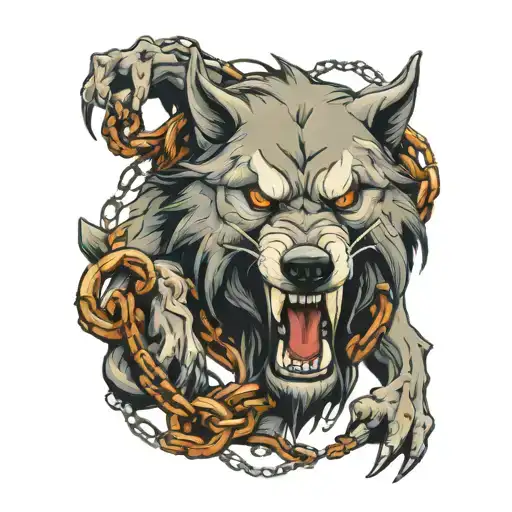 angry wolf entangled in chains breaking and bursting tattoo design idea