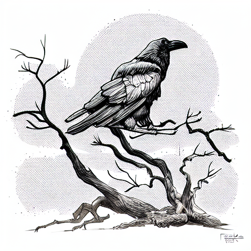 ravens perching on the branches of a dead oak tree with a dead soldier at the ba tattoo design idea