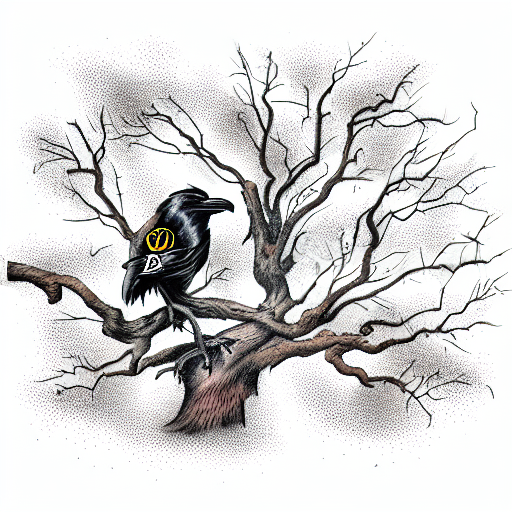 ravens perching on the branches of a dead oak tree with a dead soldier at the ba tattoo design idea
