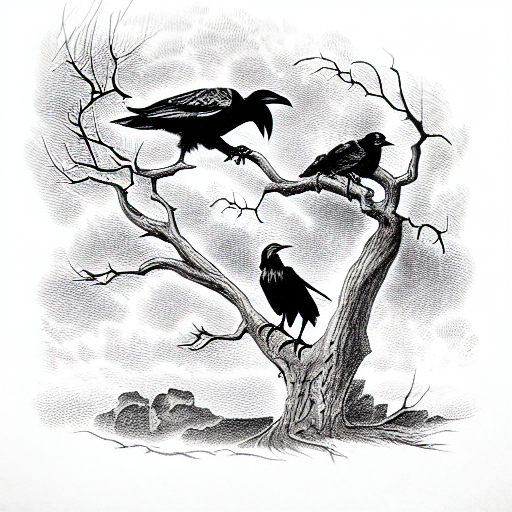 ravens perching on the branches of a dead oak tree with a dead soldier at the ba tattoo design idea