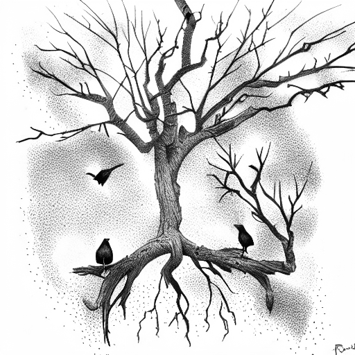 ravens perching on the branches of a dead oak tree with a dead soldier at the ba tattoo design idea