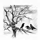 ravens perching on the branches of a dead oak tree with a dead soldier at the ba tattoo design idea