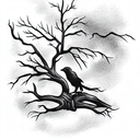 ravens perching on the branches of a dead oak tree with a dead soldier at the ba tattoo design idea