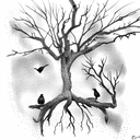 ravens perching on the branches of a dead oak tree with a dead soldier at the ba tattoo design idea