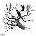 ravens perching on the branches of a dead oak tree with a dead soldier at the ba tattoo design idea