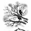 ravens perching on the branches of a dead oak tree with a dead soldier at the ba tattoo design idea