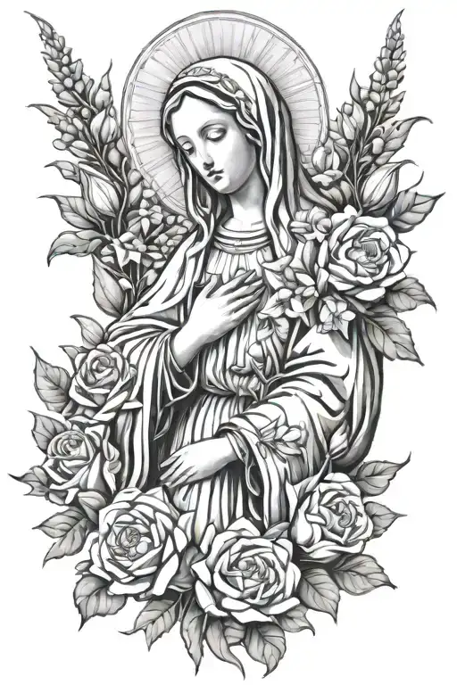 Virgin Mary with flowers tattoo design idea