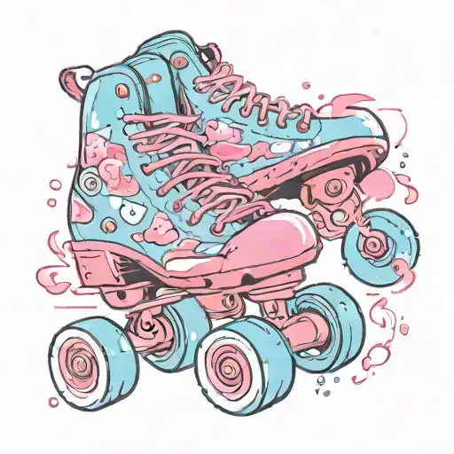 light blue roller skates with light pink laces and pink glittery wheels tattoo design idea