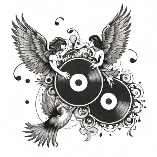 A tattoo design representing friendship and music, with silhouettes of friends holding hands and dancing around a vinyl record with music notes floating around them tattoo design idea