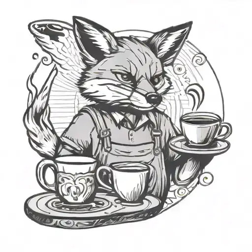 A tattoo design inspired by the occupation of baristas and music, featuring a fox wearing a barista apron and serving coffee while listening to music on headphones tattoo design idea