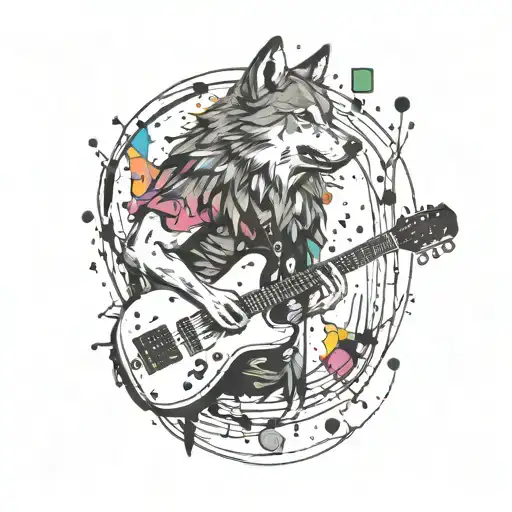 A tattoo design combining elements of painting and music, featuring a wolf playing a guitar surrounded by colorful paint splatters and musical notes tattoo design idea