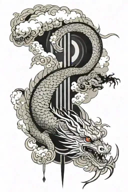 A dragon wrapped around rinnegan eyes with 7 tomoe, and Japanese clouds surrounding.  tattoo design idea