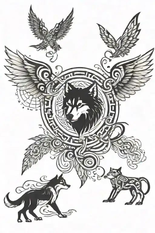 wings spread wide with the 4 elements in them and have hidden aminals in them as a wolf, bunnie, snake, bear and fox tattoo design idea