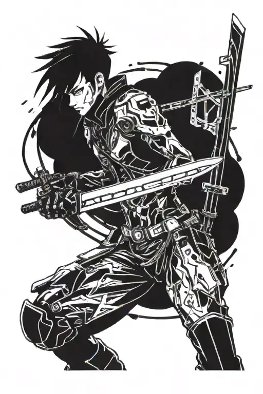 A futuristic cyberpunk anime character wielding a 3D printed katana tattoo design idea