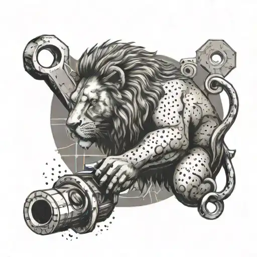 A lion wearing a mechanic's uniform, holding a wrench and diving into a pool tattoo design idea