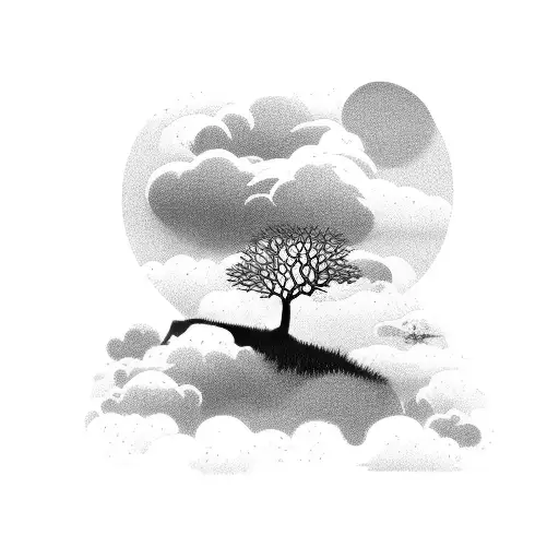 a details silhouette of a riding with is back facing me walking in the open field with clouds, trees, and grass tattoo design idea
