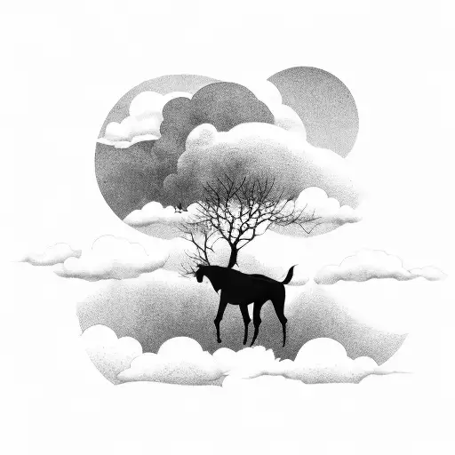 a details silhouette of a riding with is back facing me walking in the open field with clouds, trees, and grass tattoo design idea