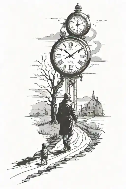 a man walking on a lonely road, at the end of the road, there is a clock, with a child waiting for him tattoo design idea