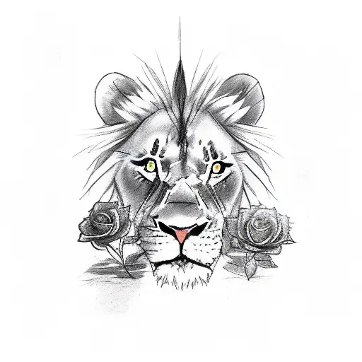 A warrior at little dawn with his pet lion holding a book and a little rose tattoo design idea