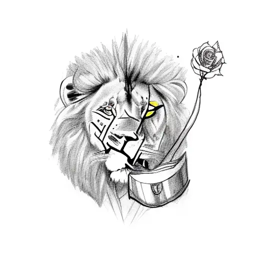 A human warrior at little dawn with his pet lion holding a book and a little rose tattoo design idea