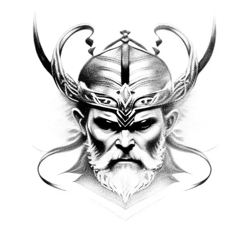 An intricate black-grey tattoo of Corvo Odin's face, merging with the visage of a Viking god, in a realistic style. tattoo design idea