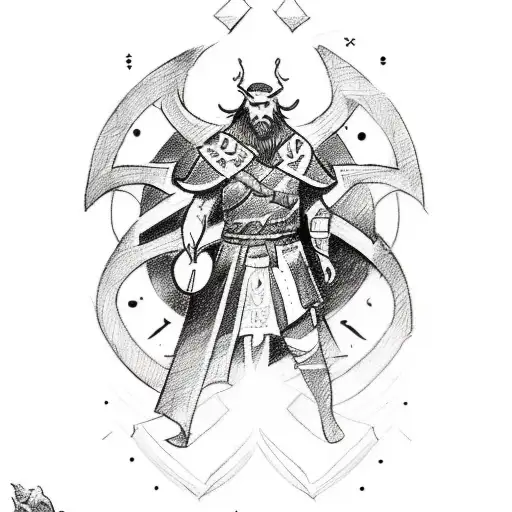 A sketch-style tattoo of Corvo the Viking in battle, surrounded by runes and symbols of Norse mythology. tattoo design idea