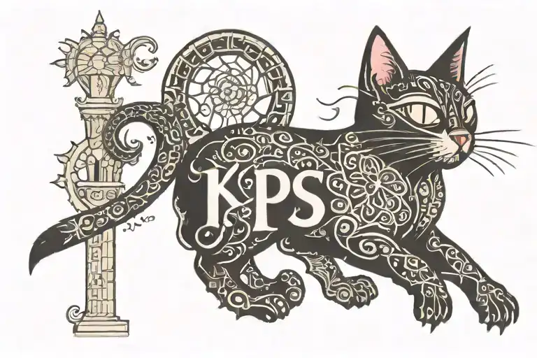 Black cat in the top of sagrada familia Barcelona With the word "KPS" tattoo design idea