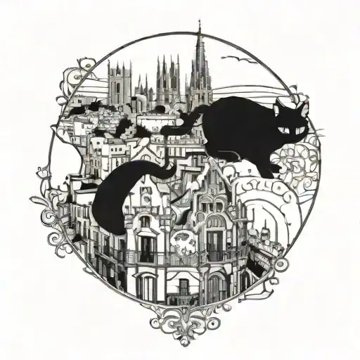 Gaudi architecture in Barcelona skyline with a black cat sitting on a rooftop tattoo design idea