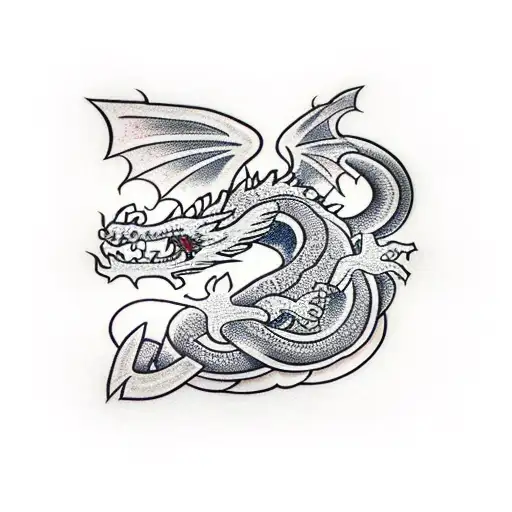 A dragon coiled around a traditional Irish cross tattoo design idea