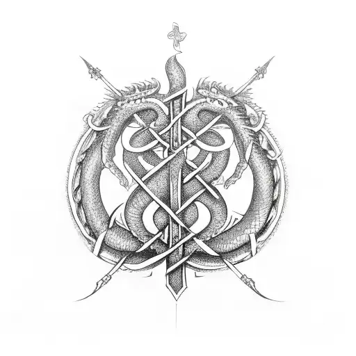 A dragon coiled around a traditional Irish cross tattoo design idea