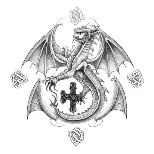 A dragon coiled around a traditional Irish cross tattoo design idea