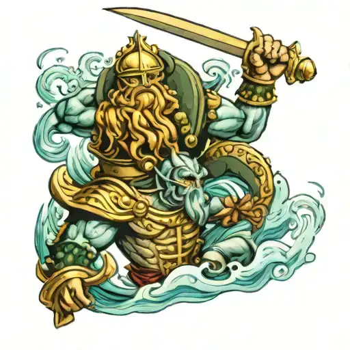 Poseidon fights against a helmet diver tattoo design idea