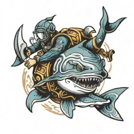 Helmet diver rides shark tattoo design idea