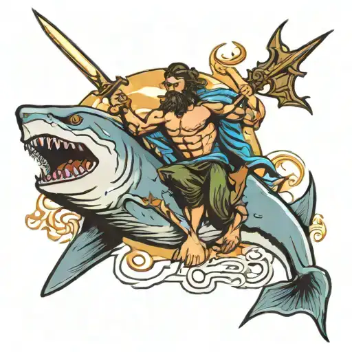 Poseidon holding a trident riding a shark tattoo design idea