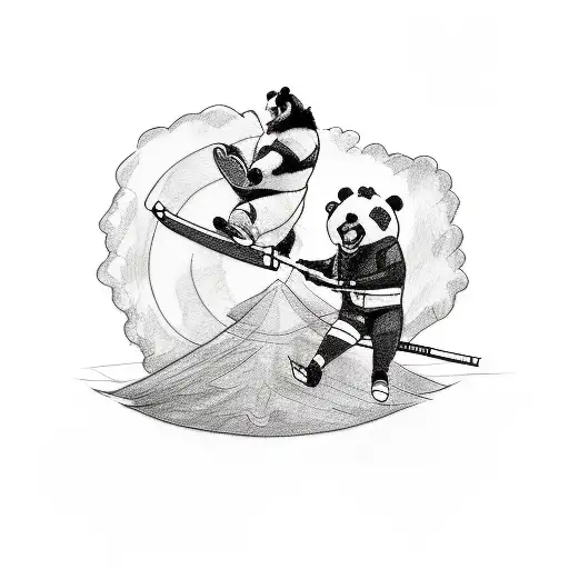 A sketch-style tattoo of a wrestler performing a high-flying move with a panda bear as the referee tattoo design idea