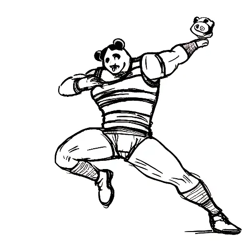 A sketch-style tattoo of a wrestler performing a high-flying move with a panda bear as the referee tattoo design idea