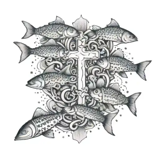 An intricate dotwork tattoo of a school of fish swimming around a cross, symbolizing faith and unity tattoo design idea