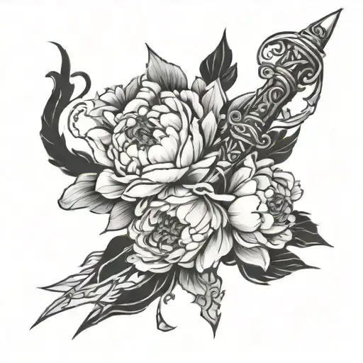peony flowers intertwined in a dagger with jewels tattoo design idea