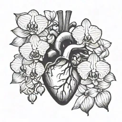 a human heart organ, with orchids stemming out from the heart veins like it is their pot tattoo design idea