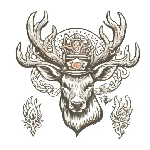 A simplified black and white illustration of a majestic deer with large antlers. The deer wears a police helmet, holds a tattoo design idea