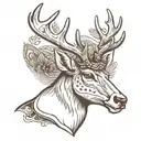 A simplified black and white illustration of a majestic deer with large antlers. The deer wears a police helmet, holds a tattoo design idea