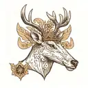 A simplified black and white illustration of a majestic deer with large antlers. The deer wears a police helmet, holds a tattoo design idea