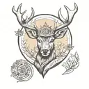 A simplified black and white illustration of a majestic deer with large antlers. The deer wears a police helmet, holds a tattoo design idea