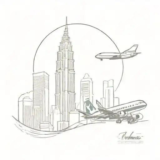 A minimalist silhouette of the iconic Petronas Towers in Kuala Lumpur, with a small airplane flying overhead to symbolize the client's love for travel tattoo design idea