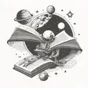 A cosmic library scene with a book planet surrounded by stars and galaxies tattoo design idea