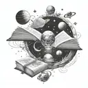 A cosmic library scene with a book planet surrounded by stars and galaxies tattoo design idea
