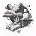 A cosmic library scene with a book planet surrounded by stars and galaxies tattoo design idea