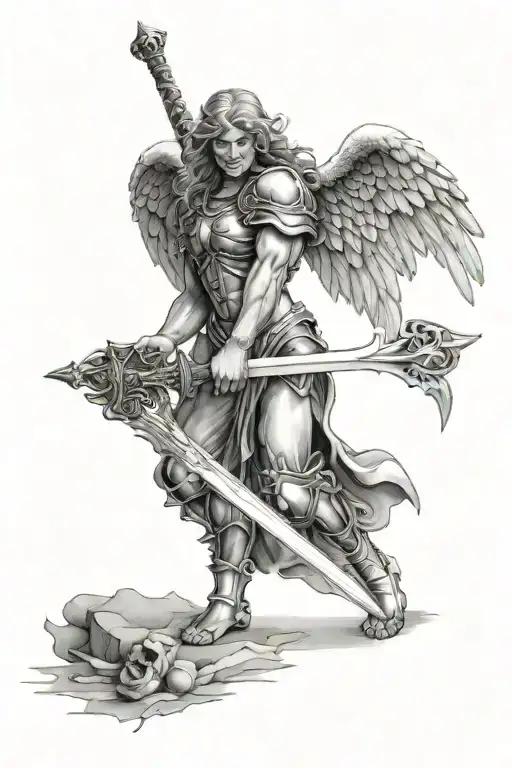 Kneeling arch angel holding a sword tattoo design idea