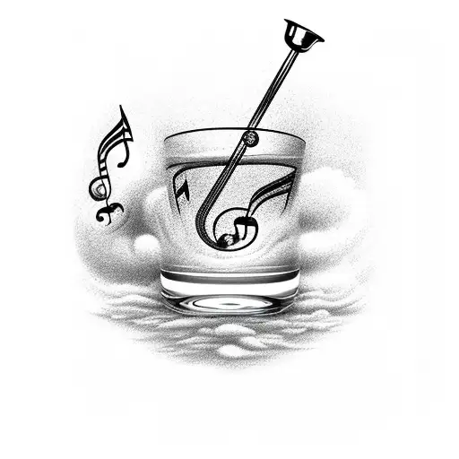 A cocktail glass with musical notes swirling inside, surrounded by storm clouds tattoo design idea